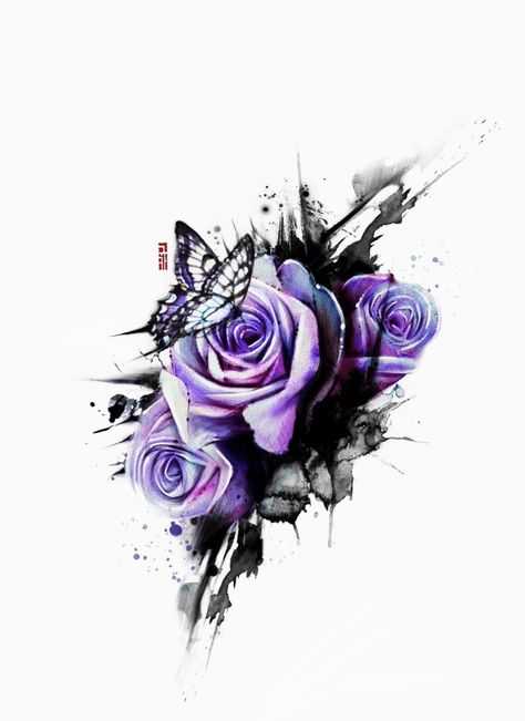 Purple And Blue Tattoo, Purple Flower Tattoos For Women, Purple Flowers Tattoo, Watercolor Mountains Tattoo, Blue Flower Tattoos, Purple Rose Tattoos, Purple Flower Tattoos, Watercolor Rose Tattoos, Butterfly Tattoos Images