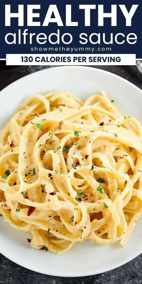 This Healthy Alfredo Sauce is a lightened up version of a classic (helloooo only 130 calories per serving). Made with greek yogurt, skim milk, and parmesan! Low Calorie Fettuccine Alfredo, Fettucini Alfredo Sauce, Greek Yogurt Alfredo Sauce, Healthy Alfredo Sauce Recipe, Healthy Alfredo, Healthy Alfredo Sauce, Reflux Recipes, Healthy Recipes For Diabetics, Greek Yogurt Recipes