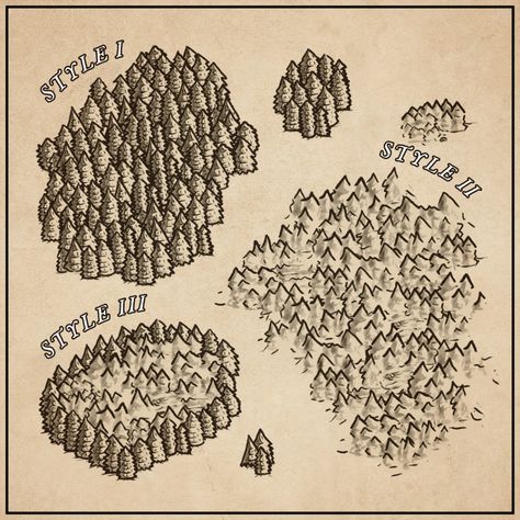 Fantasy Map Farmland, Map Forest Drawing, Trees On A Map, Fantasy Map Assets, Fantasy Forest Map, Fantasy Map Trees, Fantasy Map Ideas, Map Trees, Fantasy Map Art