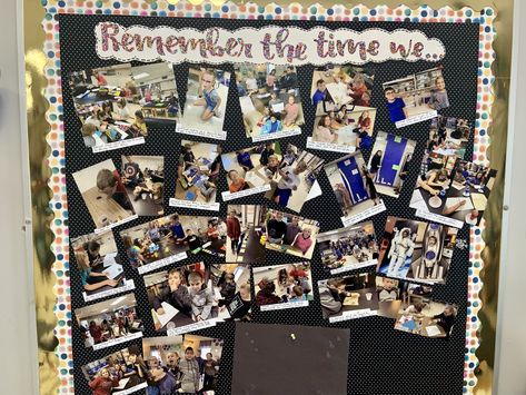 Keep your classroom activity memories inside your classroom all year long with this chronological bulletin board. Students can write captions detailing what the class was producing in each picture. Great memory jogger at the end of the year and kids love having pictures of themselves in their classroom. Memory Bulletin Board Ideas, Students Pictures In Classroom Ideas, Picture Board Classroom, Picture Wall Bulletin Board, Class Memories Bulletin Board, Class Pictures Bulletin Board, Class Photo Bulletin Board, Classroom Student Picture Display, Memory Wall Classroom