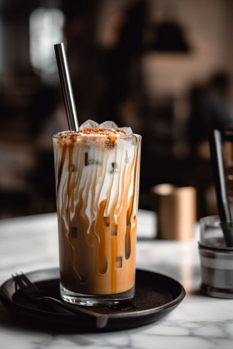 An AI-generated photo of an iced coffee drink, such as a cappuccino to latte macchiato, served in a tall glass. The coffee is topped with a generous dollop of whipped cream and a drizzle of caramel sauce. The glass is adorned with a striped straw and sits on a wooden table with a picturesque summer background. This refreshing iced coffee is perfect for cooling down on hot days and enjoying a moment of relaxation and indulgence. Satisfying Pics, Coffee Menu Design, Animal Mashups, Iced Cappuccino, Ice Caramel Macchiato, Chocolate Cake Recipe Moist, Coffee Shop Photography, Coffee Obsession, Caramel Latte