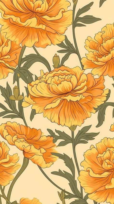 Marigold flower wallpaper pattern plant.  | premium image by rawpixel.com / Jennifer Claesson Orange Marigold Aesthetic, Marigold Flower Pattern, Marigold Wall Art, Marigold Color Aesthetic, Marigold Illustration Indian, Marigold Flower Art, Art Nouveau Marigold, Marigold Nursery, Marigold Flower Aesthetic