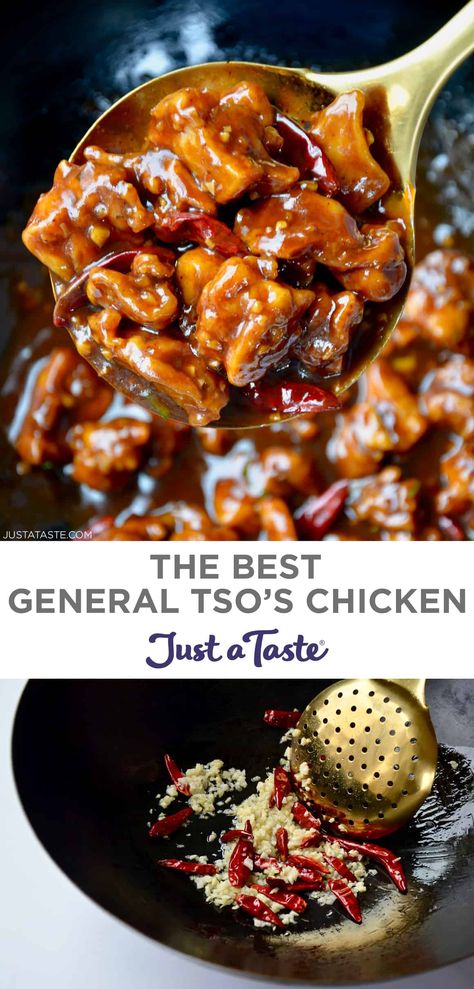 This is the best General Tso’s Chicken recipe! Crispy chicken thighs (or chicken breasts) tossed in a sweet, tangy, garlicky soy sauce. Serve it over your choice of white or brown rice to soak up all that saucy deliciousness! #justatasterecipes Easy General Tso Chicken, General Tao Chicken, General Tso's Chicken Recipe, Easy Beef And Broccoli, Fresh Recipe, General Tso's Chicken, Crispy Chicken Thighs, Tso Chicken, General Tso Chicken