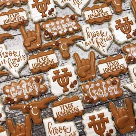 Texas Longhorn Cookies Decorated, Ut Cookies Decorated, Texas Longhorn Birthday Party, Longhorn Cookies, Longhorn Party, Hookem Horns, Wedding Cocktail Hour Food, Senior Board, Cocktail Hour Food