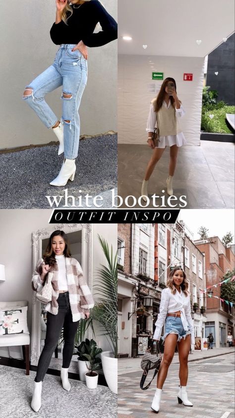 White Fall Boots Outfit, Outfits Ideas With White Boots, Outfits With White Heel Boots, White Suede Boots Outfit, Styling White Ankle Boots, Style White Boots Fall Outfits, White Boots Office Outfit, Ankle White Boots Outfit, White Pointed Boots Outfit