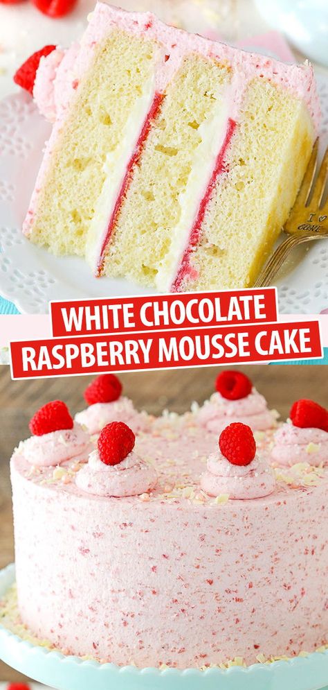 Raspberry Cream Layer Cake, Vanilla Cake Flavors And Fillings, Raspberry Mousse Filling For Cake, White Choc Raspberry Cake, White Chocolate Raspberry Layer Cake, White Chocolate Raspberry Mousse Cake, White Chocolate Mousse Cake Filling, Mousse Recipes Cake, White Raspberry Cake