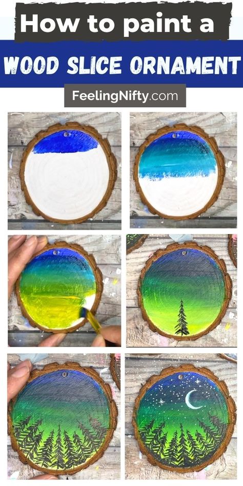 How To Paint Wood Slice Ornaments +10 Ideas To Get You Inspired Painted Wooden Slice Ornaments, Things To Paint On Wood Circles, Painting On Small Wood Slices, Watercolor Wood Slice Ornament, Watercolor Wood Ornaments, Easy Painted Wood Ornaments, Wood Burn And Paint, Painting Wood Rounds, Wood Slice Painting Tutorial