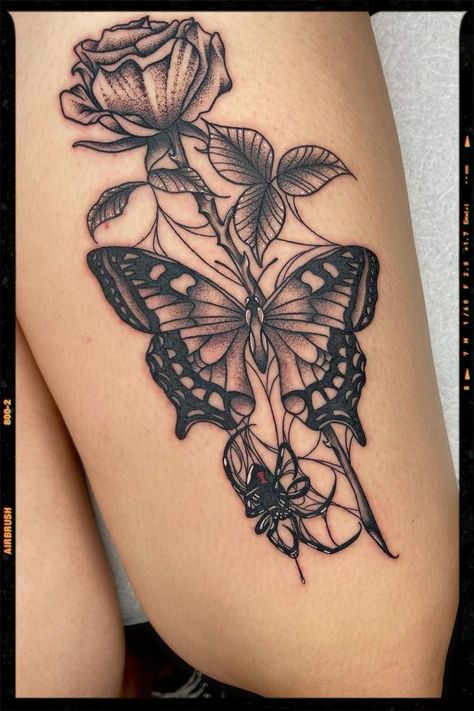 Black Widow Spider Tattoo, Rose And Butterfly Tattoo, Butterfly Tattoos On Arm, Cute Thigh Tattoos, Feminine Skull Tattoos, Spider Web Tattoo, Web Tattoo, Black Rose Tattoos, Tasteful Tattoos