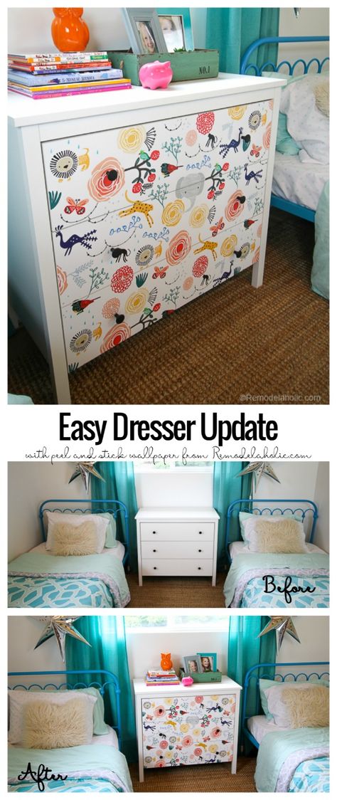 DIY Ikea Dresser Hack Updating With Wallpaper @remodelaholic Diy Ikea Dresser, Ikea Hack Kids, Ikea Dresser Hack, Dresser Hack, Ikea Kids Room, Diy Dresser Makeover, Bedroom Hacks, Ikea Dresser, House Hacks