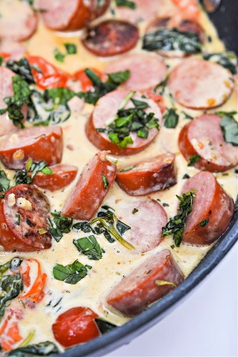 Keto Creamy Italian Smoked Sausage Skillet - Ready In 30 Minutes Keto Recipes With Smoked Sausage, Low Carb Sausage Recipes, Turkey Kielbasa Recipes, Hot Sausage Recipes, Healthy Sausage Recipes, Sausage Skillet Recipe, Andouille Sausage Recipes, Easy Sausage Recipes, Sausage Skillet