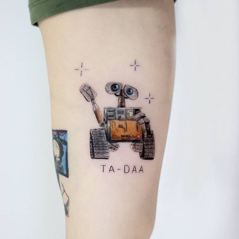 Hakan Adik on Instagram: “Wall-E 🎬” Wall E Tattoo Disney, Disney Movie Inspired Tattoos, Small Pixar Tattoos, Wall E Tattoo Design, Walle Tattoo Disney, Wall E Tattoo Small, Disney Pixar Tattoos, Walle And Eve Tattoos, Cartoon Tattoos Disney