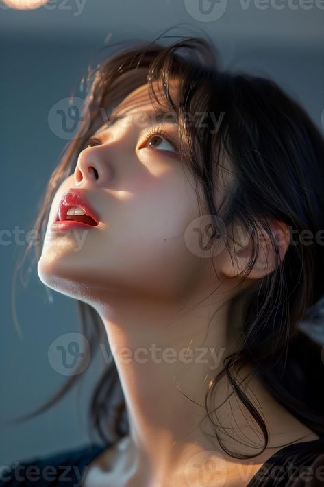 Asian young woman mouth open looking up surprised amazed expression Face Looking Up Mouth Open Reference, Woman Expression Faces, Female Face Angles, Female Looking Up, Mouth Open Drawing Reference, Girl Looking Up Reference, Open Mouth Reference Photo, Pose Reference Looking Up, Mouth Open Pose