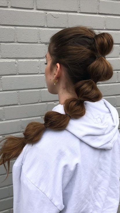 High Ponytail With Bubble Braid, High Bubble Braid Ponytail, Bubble Braids Medium Length Hair, Bubble Hair Ponytail, Prom Hairstyles Bubble Braid, Ponytail Hairstyles Bubble Braid, High Pony Bubble Braid, Bubble Plaits, High Bubble Braid