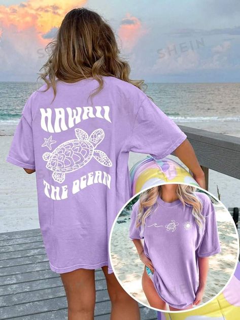 SHEIN EZwear Women's Summer Letter Turtle Printed Round Neck Short Sleeve Casual T-Shirt | SHEIN USA Outer Banks Shirts, Outer Banks Shirt, Purple Silk Scarf, Hawaii Shirts, Surf Vibes, Birthday Trip, Drop Shoulder Tee, Surf Life, Estilo Hip Hop