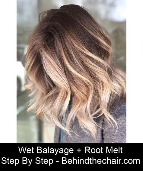 Wet Balayage + Root Melt - Behindthechair.com How to do a wet balayage plus stretched root melt with step by step photos by @camouflageandbalayage Blonde Hair Stretched Roots, Root Melt Dark Blonde, Root Melt Straight Hair, Root Melt Brunette To Blonde Short Hair, Partial Balayage Vs Full Balayage, Root Melt Balayage, Root Melt Brunette To Blonde, Balayage Root Melt, Blonde Root Melt