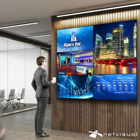 Netvisual is a leading provider of stunning digital signage solutions. Our stunning video walls allow architects and designers to transform their clients’ space while ensuring maximum functionality. We provide a wide array of digital signage options that will satisfy any design criteria and technical specifications.   #digitalsignage #digitaldisplay #videowall #videowalls #lobbydesign #corporatelobby #receptiondesk #officedesign #modernoffice #modernlobby #architecture #interiordesign Digital Screen Wall, Digital Media Wall, Digital Signage Wall, Corporate Signage, Interactive Kiosks, Way Finding, Digital Kiosk, Digital Signage Solutions, Digital Signage Displays