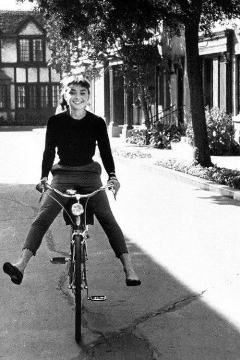 Riding A Bike, Audrey Hepburn, A Man, A Woman, Bicycle, Bike, Black And White, Building, White