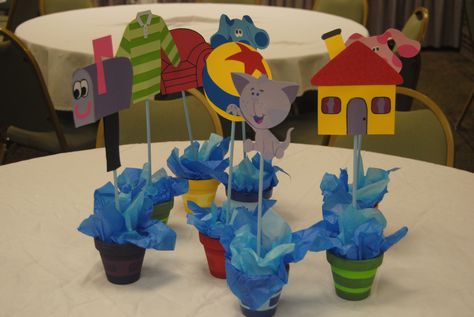 blues clues themed party table center pieces Blues Clues Table Centerpiece, Blues Clues Birthday Party Centerpieces, Blues Clues Centerpieces Diy, Blues Clues Centerpieces, Blues Clues Birthday Party, Blues Clues Birthday, Blue's Clues Birthday Party, Blue Clues, Diy Party Ideas