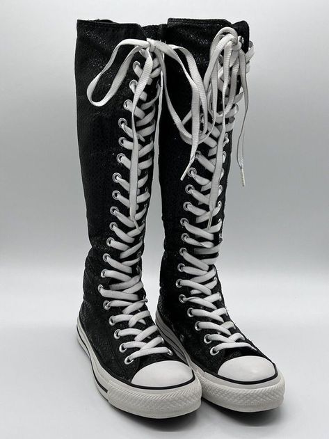 Emo Shoes Converse, Ghoulia Costume, Emo Converse, Long Converse, Lace Up Converse, Emo Shoes, Scene Shoes, Knee High Converse, High Converse