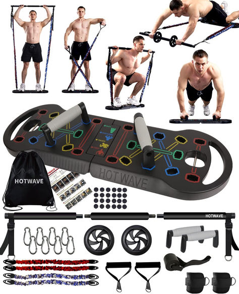 HOTWAVE Portable Exercise Equipment with 16 Gym Accessories.20 in 1 Push Up Board Fitness,Resistance Bands with Ab Roller Wheel,Full Body Workout at Home,Patent Pending Mens Full Body Workout, Pushup Board, Push Up Board, Home Workout Men, Portable Gym, Full Body Workout At Home, Up Board, Portable Home, Ab Roller