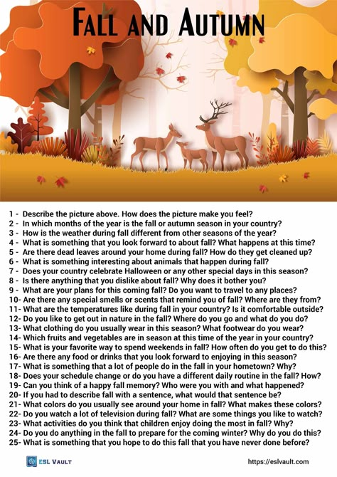 questions about fall and autumn Autumn English Activities, Autumn Questions, Autumn Text, Autumn Challenge, Speaking Activities English, English Magazine, Conversation Questions, Reading Comprehension Lessons, English Teaching Materials