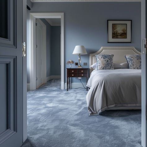 what-color-carpet-goes-with-denim-blue-walls Light Blue Carpet Living Room, Light Blue Carpet Bedroom, Blue Wall To Wall Carpet, Bedroom With Blue Carpet, Blue Gray Carpet, Denim Blue Walls, Blue Carpet Bedroom, Dark Blue Curtains, Lounge Curtains