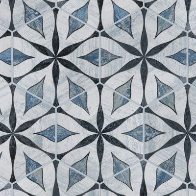 Inspired by a vintage look, our Cassis Hex Flower Black Porcelain Floor and Wall Tile features a mixed textured finish, making it a great choice for your space. With its impervious, frost-resistant features, this blue hexagon tile is ideal for indoor and outdoor commercial and residential installations, including kitchens, bathrooms, backsplashes, showers, hallways, entryways, patios, and fireplace facades. This tile is a perfect choice on its own or paired with other Cassis Hex Flower Collectio