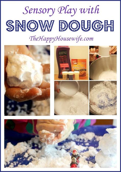 An easy recipe to make Snow Dough that is perfect for Sensory Play with all ages! | The Happy Housewife Sensory Snow, Snow Dough, Snow Recipe, Play Snow, Happy Housewife, Christmas Kindergarten, Kitchen Time, Home Schooling, Four Kids