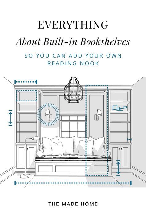 Everything you need to know about installing and designing built-in bookshelves in your home! Get function and design in your reading nook by centering the built-in bookshelves on a window. As a bonus, check out the dimensions for a built-in window seat! Get tips and dimensions at themadehome.com Window Seat With Bookshelves Built Ins, Building A Reading Nook, Library With Reading Nook, Home Office Without Windows, Office Built Ins Around Window, Built In Seating Living Room, Window Seat Bookshelves, Living Room Bookshelves Built Ins, Built In Bookshelves Around Window