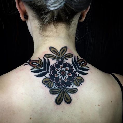 Traditional Flower Neck Tattoo by Esther De Miguel | Oct 31st 2019 | 1222157 Tattoo Designs For Back, Traditional Neck Tattoo, Neck Tattoo Cover Up, Traditional Back Tattoo, Flower Neck Tattoo, Small Star Tattoos, Traditional Tattoo Flowers, Upper Back Tattoos, Girl Back Tattoos