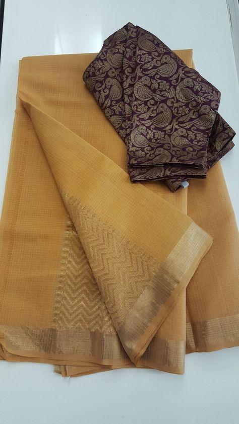 Yellow Saree Blouse Combination, Yellow Saree With Contrast Blouse, Zari Kota Sarees, Yellow Blouse Designs, Mustard Saree, Saree Yellow, Cotton Saree Blouse Designs, Simple Saree Designs, Blouse Ideas