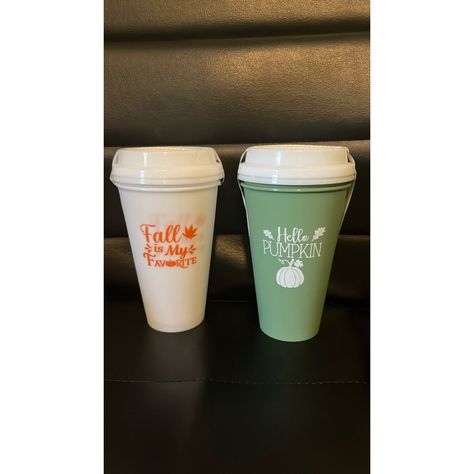 This Is A Set Of 4 New, Unused, And Unopened 16oz Reusable Coffee Mugs. The Mugs Are Made Of Plastic And Feature A White Lid With A Silicone Seal. The First Mug Is White With An Orange Design That Says "Fall Is My Favorite" With A Pumpkin And Leaves. The Second Mug Is Green With A White Design That Says "Hello Pumpkin" With A Pumpkin And Leaves. Both Mugs Are Approximately 6.5 Inches Tall And 3.5 Inches In Diameter. The Mugs Are In New Condition With Tags And Are Packaged In A Clear Plastic Bag. Fall Coffee Mugs, Fall Beverages, Hello Pumpkin, Clear Plastic Bags, Fall Drinks, Fall Coffee, Orange Design, White And Orange, Autumn Coffee