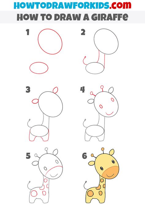 Draw Beginner Step By Step, Drawing Ideas Kindergarten, How To Draw A Giraffe Step By Step Easy, Cute Animal Doodles Step By Step, How To Draw A Giraffe Easy, Giraffe Step By Step Drawing, Easy Kid Drawings Step By Step, Step To Step Drawing Easy, Easy Painting For Kindergarten