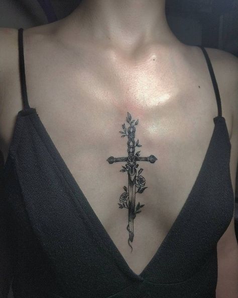 Rose With Swords Tattoo, Chest Tattoos Aesthetic, Feminine Dark Tattoos, Tattoo Swords Woman, Rose Sternum Tattoo Women, Swords Sternum Tattoo, Sturnum Tattoos, Cool Sternum Tattoos, Rose Tattoo Sternum