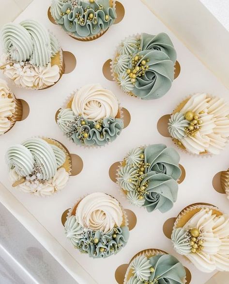 Neutral Cupcakes, Green Cupcakes Ideas, Sage Green Cupcakes, Cupcake Icing Designs, Edible Cupcake Decorations, Wedding Shower Cupcakes, Shower 2023, Cupcakes Baby Shower, Engagement Cupcakes