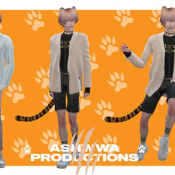 ASHwwa_寅虎_tiger ear +tail set | Patreon Cat Ears And Tail, Tiger Tails, Mesh Texture, Play Sims 4, Sims 4 Anime, Animal Tails, Accessories Ear, Play Sims, Cat Tail