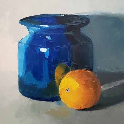 Oil painting of a blue vase and an orange against a gray background. Still Life Orange Painting, Small Still Life Paintings, Blue Still Life Painting, Still Life Oil Painting Fruit, Impressionist Still Life Paintings, Abstract Still Life Painting Acrylics, Simple Still Life Painting, Acrylic Still Life Paintings, Blue And Orange Painting