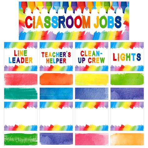 PRICES MAY VARY. 【Rainbow Class Jobs Chart Set for Classroom Decorations】: The class jobs bulletin board sets comes with 1 classroom jobs banner card,4pcs prefilled job cards,5pcs blank cards and 12pcs blank name tag,30pcs glue point dots.The quantity is enough to meet your classroom demand and brighten up the classroom bulletin board,very suitable for preschool kindergarten classroom decorations. 【Suitable Size】: The class jobs for classroom banner card measures 19.7" x 6.7", the work division Kindergarten Classroom Themes, Wall Bulletin Board, Classroom Job Chart, Classroom Job, Job Cards, Kindergarten Classroom Decor, Classroom Banner, Teacher Classroom Decorations, Class Jobs