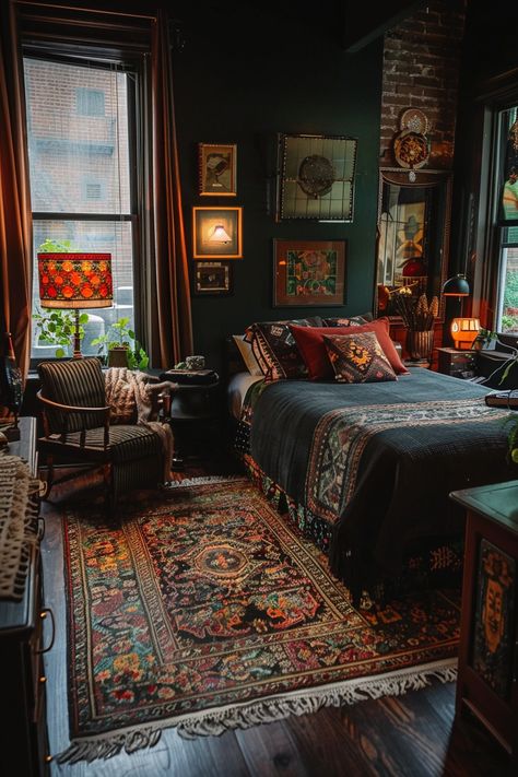 Eclectic Elegance Showcasing the Fusion of Styles in Moody Bedrooms - Quiet Minimal Moody Bedrooms, Maximalist Bedroom Ideas, Eclectic Elegance, Maximalist Bedroom, Earthy Bedroom, Moody Bedroom, Feminine Bedroom, Boho Style Bedroom, Dark Bedroom