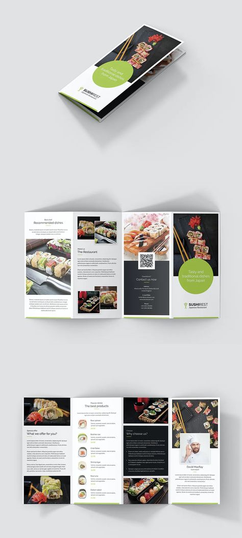 Sushi Restaurant 4-Fold Brochure Template PSD 4 Fold Brochure Design Layout, Four Fold Brochure Design, Brochure 4 Fold, Food Brochure Design Layout, 4 Fold Brochure Design, Creative Brochure Layout, Food Brochure Design, Leaflet Design Template, Tour Brochure