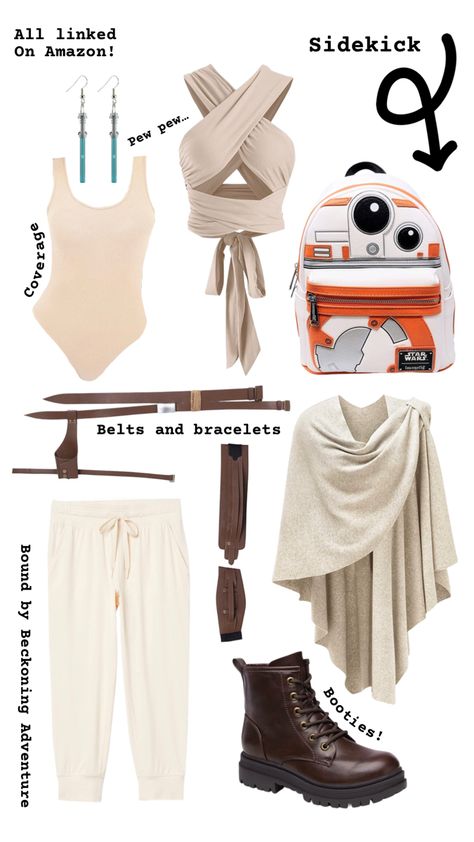 Disney bound look for Star Wars Character Rey Skywalker with neutral toned clothes and belts also a BB8 droid loungefly backpack and blue lightsaber earrings for her character Diy Rey Star Wars Costume, Star Wars Costume Rey, Star Wars Nite Outfit, Star Wars Rey Costume Diy, Diy Rey Costume Women, Easy Star Wars Outfit, Rey Inspired Outfit Star Wars, Rey Star Wars Outfit, Mando Disneybound