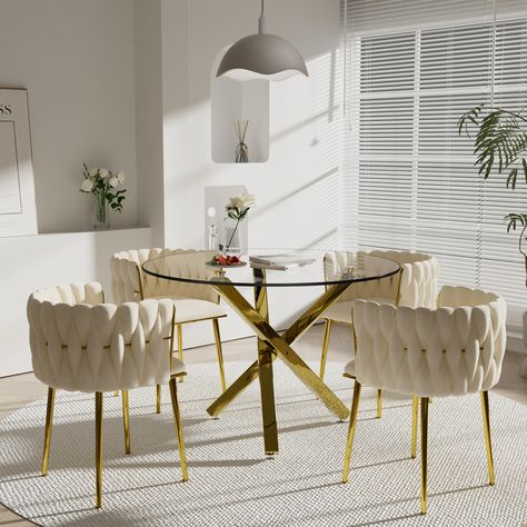 PRICES MAY VARY. [Mid Century Dinner Table Set with Non-slip Mads] This modern minimalist clear dinette set includes 1 table and 4 chairs, and it is charming and suitable for all home styles. Plus, we always insist on high quality products. The plated metal frame matches the non-slip feet we use, which are durable and sturdy, so it must be an ideal furniture choice. [Premium & Durable Woven Chairs] This modern dining chair is made of premium velvet fabric with no complicated design, but it is pe Circle Kitchen Table, Gold Round Dining Table, Circle Kitchen, Woven Chairs, Dinner Table Set, Glass Dining Table Set, Round Dining Room Table, Glass Round Dining Table, Luxury Dining Table