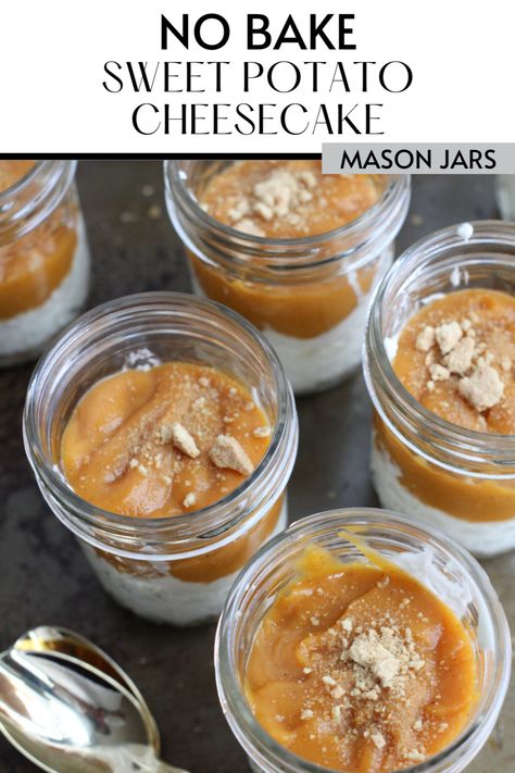 These No Bake Sweet Potato Cheesecake Jars are perfectly portioned, easy to assemble and everything you'll ever need in a dessert. It's a warm. It's cozy. It's a hug in a jar. Sweet Potato Cheesecake No Bake, Easy Sweet Potato Cheesecake, No Bake Sweet Potato Cheesecake, Cheesecake In Mason Jars, Bake Sweet Potato, Cheesecake Jars, Sweet Potato Toppings, Sweet Potato Cheesecake, Sweet Potato Dishes