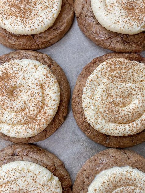 Cinnamon Roll Cookies | Ash Baber Iced Snickerdoodle Cookies, Cinnamon Roll Crumbl Cookie, Cinnabon Cinnamon Roll Cookies, Cinnamon Roll Cookie Recipes, Snickerdoodle Cookies Aesthetic, Crumbl Cinnamon Roll Cookies, Cinnamon Bun Cookies, Cinnamon Rolls Cookies, Ash Baber