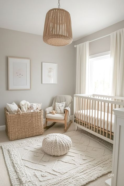 Elegant nursery design with neutral tones. Cozy baby room featuring mixed wood furniture, beige accents, and a plush rug. Ideal for gender-neutral themes. Gender Nursery Neutral Baby Rooms, Elegant Baby Nursery, Baby Room Ideas Neutral, Nursery Ideas Gender Neutral, Neutral Nursery Ideas, White Rocking Chairs, Nursery Paint Colors, Baby Room Neutral, Stylish Nursery