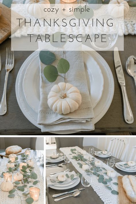 A simple, yet cozy Fall Tablescape perfect for Thanksgiving. #farmhousefall #farmhousetable #thanksgiving #thanksgivingtable #farmhousethanksgiving #falltablescape #thanksgivingtablescape #whitepumpkins Thanksgiving Table Settings Elegant, Elegant Thanksgiving Table, Exterior Flooring, Ceiling Door, Simple Thanksgiving Table, Decor Stairs, Trending Diy, Cozy Thanksgiving, Thanksgiving Table Setting