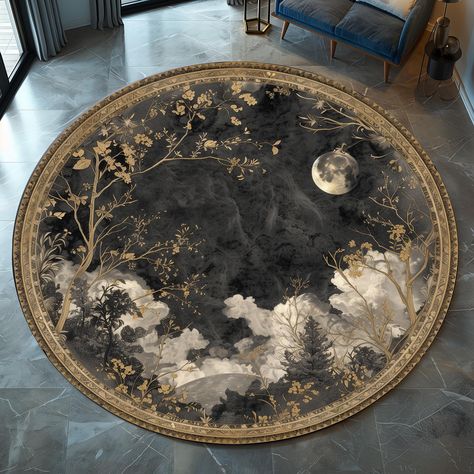 Round Boho Design Moon Rug, Round Celestial Moon Rug, Bohemian Rug, Celestial Rug, Bohemian Occult Moon Gift, Round Moon Rug, Retro Moon Rug Dear Customer, thank you very much for your interest in my shop.  * You will get the first picture model, the second and other pictures could be sample from different models to show real printed rug. * If you need another size of this model or custom model, please write to me. * Rugs are Non-Slip Cotton Base with low pile height, easy to clean.  * Rugs are Moody Area Rugs, Whimsigoth Decor Living Room, Bedroom Rugs Aesthetic, Dark Academia Rugs, Asthetic Rugs, Moody Apothecary, Celestial Interior Design, Moon Room Aesthetic, Celestial Bedroom Aesthetic