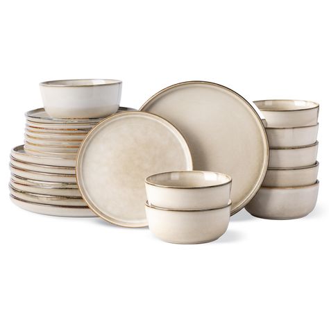 PRICES MAY VARY. HEALTHY & SUPERIOR VALUE : These dinnerware set are made of degradable clay making it free of lead and cadmium, NO need to worry about harmful substance leaching into your drinking and food, Twice fired premium ceramic make it sturdy, durable and chip-resistant for long use. WHAT’S IN THE BOX: These series 24-piece dinnerware set includes 8Pcs 10.5” Dinner Plates, 8Pcs 8” Dessert Plates, 8Pcs 6.” (24 OZ) cereal bowls, making it a great set service for 8. MODERN&HUMANIZED DESIGN: Dish Wear Sets, Thanksgiving Table Settings Simple Dinnerware Sets, Mid Century Modern Dishware, Mid Century Modern Dinnerware, Modern Plates Set Dinnerware, Kitchen Dishes Sets, Beige Plates, Boho Dinnerware, Stone Dinnerware