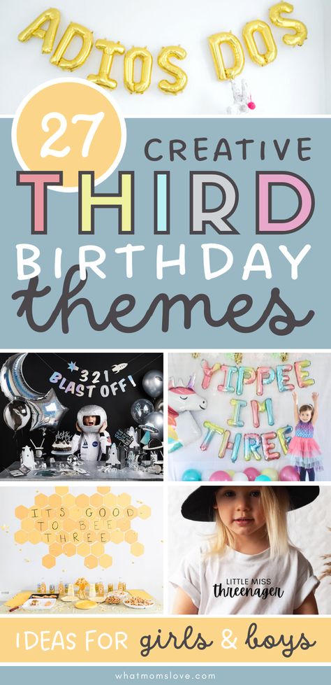 The BEST list of unique 3rd birthday party themes for girls & boys. Clever puns & play on words! Ideas for decorations, favors, food & more. 3 Bday Party Ideas, 3 Yesr Old Girl Birthday Party, Theme For 3rd Birthday Girl, Three Year Old Birthday Party Girl Themes, Unique Third Birthday Themes, Toddler Themed Birthday Party, Three Party Theme, Baby Girl 3rd Birthday Ideas, Birthday Themes For Girls 3rd Bday