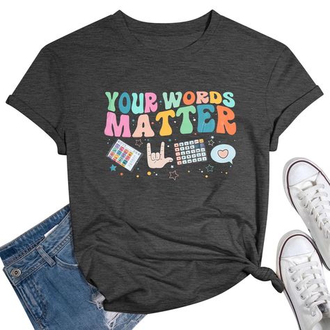 PRICES MAY VARY. Material: Your Words Matter Shirt made of 60% polyester, 35% rayon and 5% spandex, soft, breathable, lightweight, let you wear comfortable all day. Design: Special education teacher shirt, features a design with the quote "Your Words Matter". It’s the inspirational tshirts for women. Accept Adapt Advocate Inclusion Equity Equality. Show your unique charm, perfect for that super cool women and special education teacher. Occasion: Your Words Matter Shirt，AAC SPED Shirt to spread p Special Ed Teacher Shirts, Teacher Shirts Designs, Paraprofessional Outfits, Para Educator, Your Words Matter, Tshirt Prints, Inspirational Graphic Tees, Teacher Tee Shirts, Slp Shirts